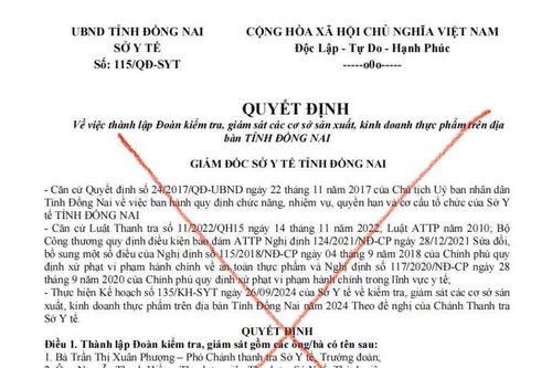 Giám đốc Sở Y tế Đồng Nai cảnh báo các văn bản giả mạo nhằm kiểm tra các cơ sở sản xuất, kinh doanh thực phẩm