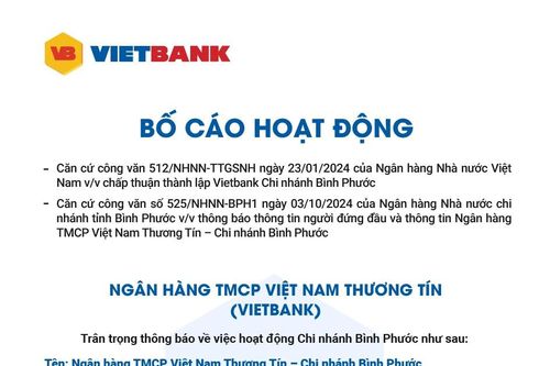 Vietbank: Bố cáo hoạt động chi nhánh Bình Phước