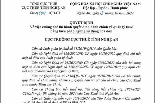 Tập đoàn Tecco - Chi nhánh tại Nghệ An bị cưỡng chế thuế trên 13 tỷ đồng