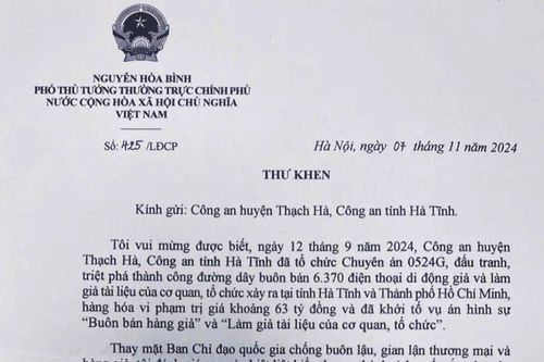 Phó Thủ tướng Thường trực Chính phủ Nguyễn Hòa Bình gửi thư khen Công an huyện Thạch Hà
