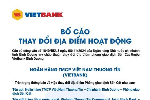 Vietbank: Bố cáo thay đổi địa điểm hoạt động PGD Bến Cát