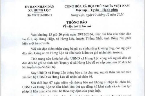 Một bé gái sơ sinh bị bỏ rơi tại Thống Nhất