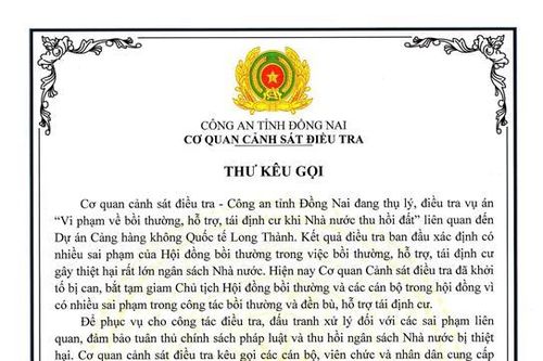 Công an tỉnh kêu gọi cung cấp thông tin liên quan vụ sai phạm tại dự án tái định cư ở huyện Long Thành