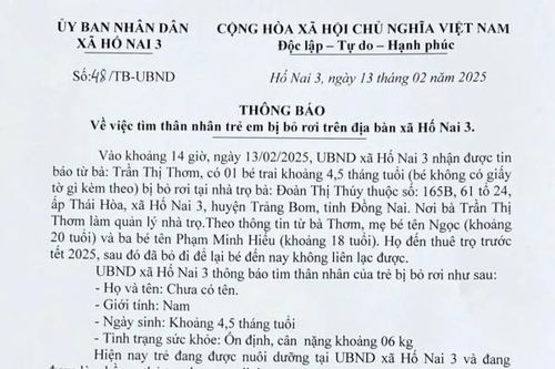 Tìm người thân bé trai 4 tháng tuổi bị bỏ rơi tại phòng trọ ở huyện Trảng Bom