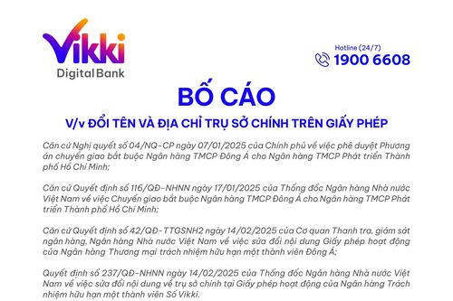Ngân hàng số Vikki: Bố cáo đổi tên và địa chỉ Trụ sở chính trên giấy phép