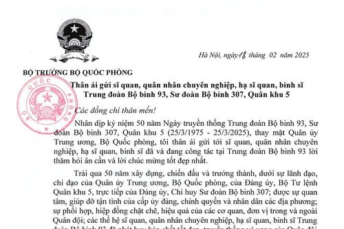 Đại tướng Phan Văn Giang gửi thư chúc mừng 50 năm Ngày truyền thống Trung đoàn Bộ binh 93