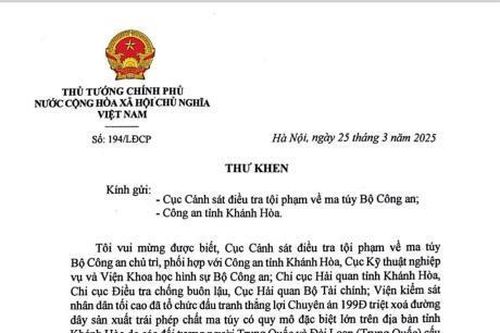 Thủ tướng gửi Thư khen Cục Cảnh sát ĐTTP về ma túy và Công an tỉnh Khánh Hòa