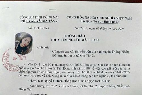 Gia đình lo lắng bất an khi con gái bỏ nhà đi nhiều ngày, Công an xã Gia Tân 2 phát thông báo tìm kiếm
