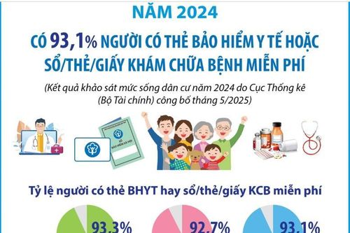 Năm 2024, có 93,1% người có thẻ bảo hiểm y tế hoặc sổ/thẻ/giấy khám chữa bệnh miễn phí