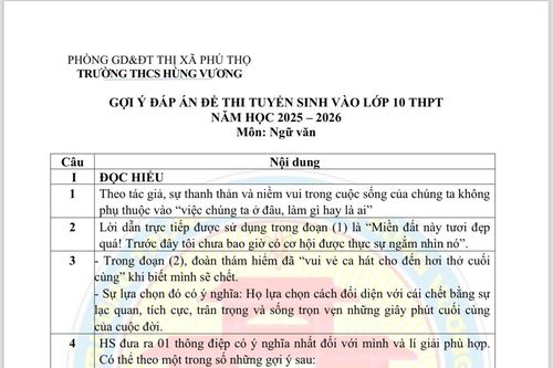 Gợi ý đáp án môn Ngữ văn vào lớp 10 THPT