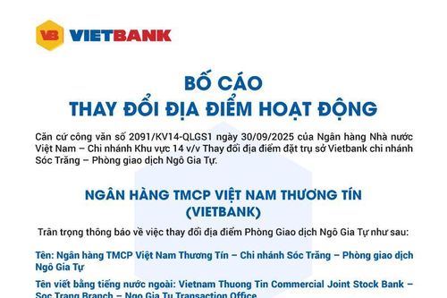 Vietbank bố cáo thay đổi địa điểm hoạt động PGD Ngô Gia Tự