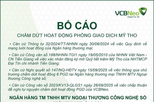VCBNeo bố cáo chấm dứt hoạt động PGD Mỹ Tho