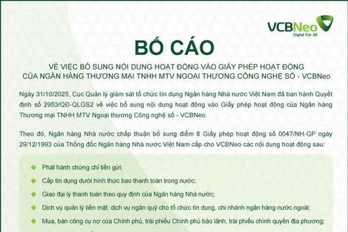 VCBNeo bố cáo bổ sung nội dung hoạt động vào giấy phép hoạt động