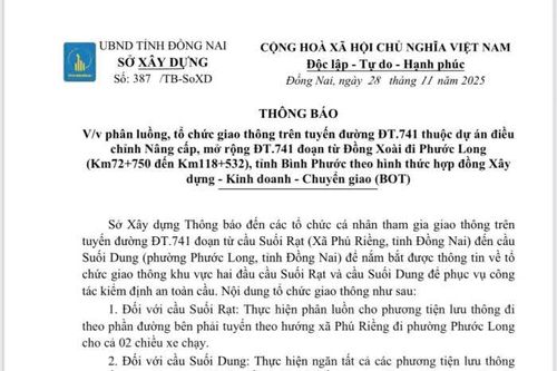 Phân luồng giao thông trên ĐT.741 phục vụ kiểm định công trình cầu Suối Rạt và cầu Suối Dung