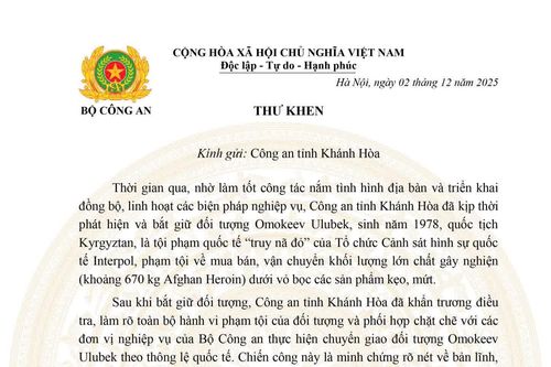 Bộ Công an gửi thư khen Công an tỉnh Khánh Hòa về thành tích bắt giữ tội phạm Interpol truy nã đỏ
