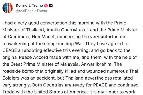 Tổng thống Trump: Thái Lan và Campuchia nhất trí 'chấm dứt tiếng súng' sau điện đàm