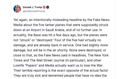 Tổng thống Donald Trump bác tin 5 máy bay tiếp dầu Mỹ bị phá hủy