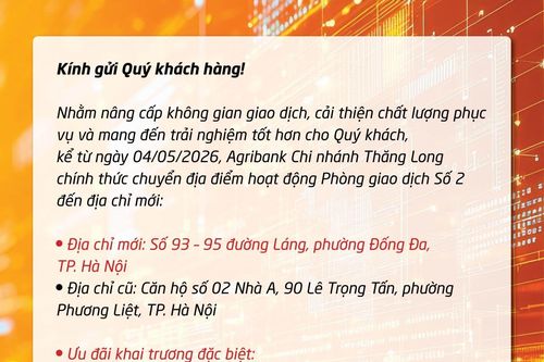 Agribank chi nhánh Thăng Long thay đổi địa điểm hoạt động Phòng giao dịch Số 2
