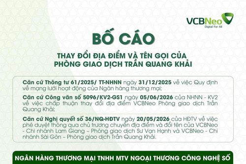 VCBNeo bố cáo thay đổi địa điểm và tên gọi PGD Trần Quang Khải