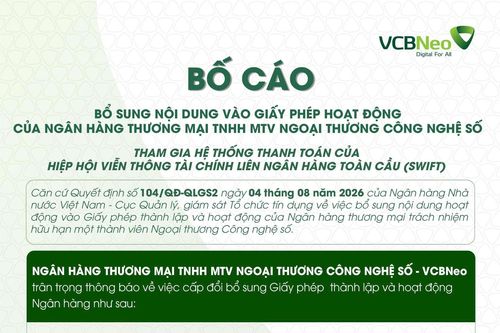 VCBNeo bố cáo bổ sung nội dung vào giấy phép hoạt động