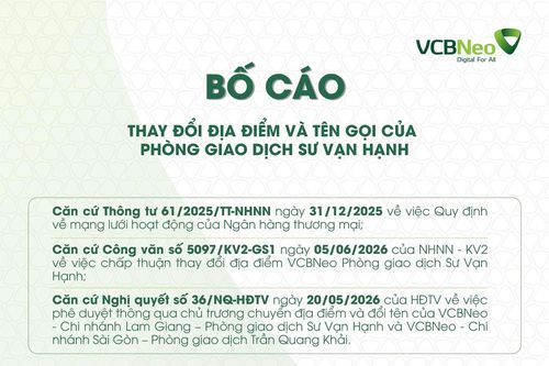 VCBNeo bố cáo thay đổi địa điểm và tên gọi của PGD Sư Vạn Hạnh