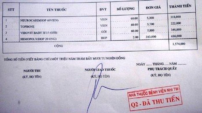 Đơn thuốc gần 1,6 triệu đồng chứa toàn thuốc bổ sung canxi, vitamin, sắt, vi chất tại BV Nhi TW