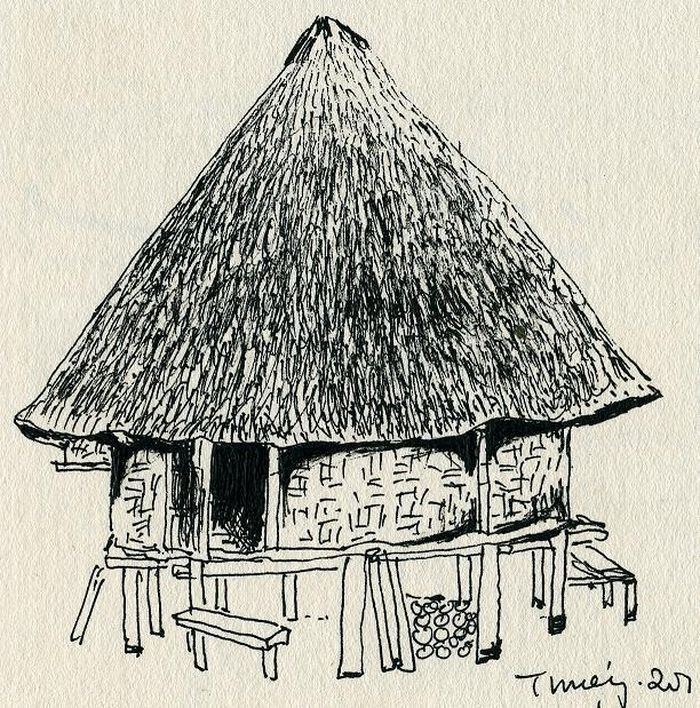 Bản vẽ nhà Dong của người Cơ Tu ở Huyện Tây Giang, Quảng Nam, có mặt bằng hình ovan. Trích trong sổ tay ghi chép của Phan Cẩm Thượng.