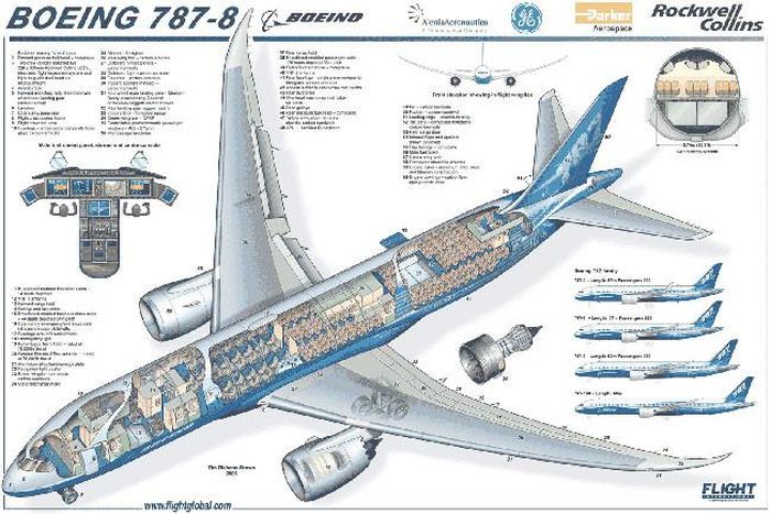 Để thu xếp tài chính cho thương vụ mua chiếc siêu máy bay của Boeing, Vietnam Airlines từng ký hợp dồng tín dụng100 triệu USD với Ngân hàng xuất nhập khẩu Việt Nam - Eximbank. Theo trang web của Eximbank, Vietnam Airlines dự kiến sẽ mở rộng đội bay lên đến 115 chiếc vào năm 2015 và 170 chiếc vào năm 2020, trong đó có Boeing 787-9 công nghệ tiên tiến, tiết kiệm nhiên liệu và thân thiện với môi trường. Ảnh: Thiết kế khoang ngồi và chiều dài một chiếc Boeing 787-9 tiêu chuẩn. 