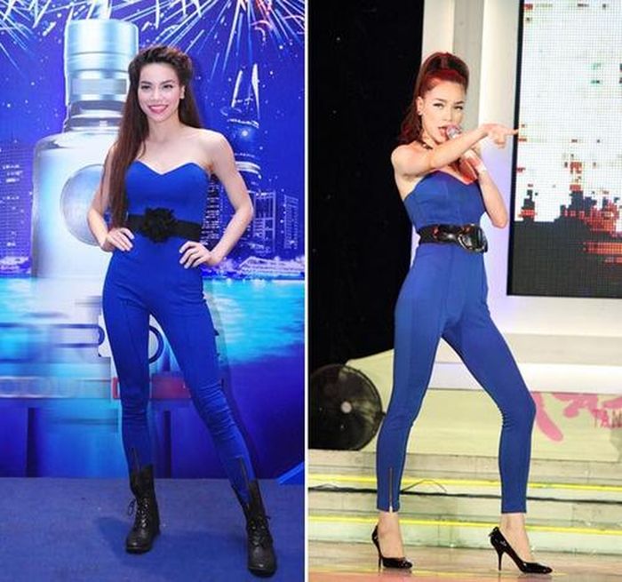 Với cùng một bộ jumpsuit, cô có hai cách kết hợp thắt lưng bản lớn khác nhau đủ gây thu hút. 