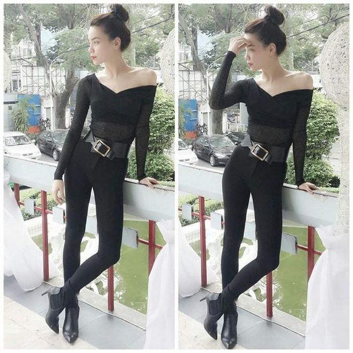 Một gợi ý giúp tăng điểm nhấn cho trang phục đen của Hà Hồ với thắt lưng. 