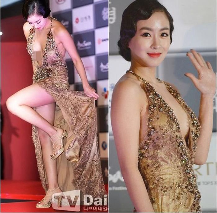Bộ váy xẻ hết cỡ cả trên và dưới của Han Soo Ah khiến người đối diện phải "nhức" mắt. 