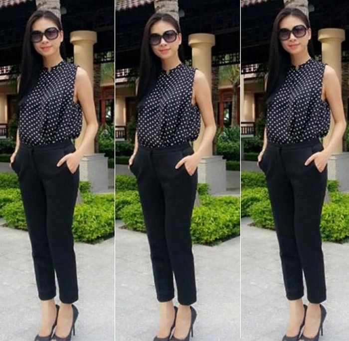 Ngô Thanh Vân là tín đồ của thời trang quần tây. Chỉ với quần đen, áo ba lỗ và giày cao gót, cô cũng rất cuốn hút. Nữ diễn viên cũng tinh tế phối cùng mái tóc thẳng duyên dáng.