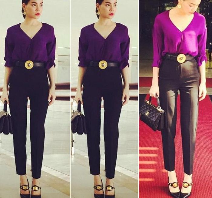 Quần tây dáng hơn thụng là style "cứu cánh" cho dáng người cao, đôi chân gầy của Hà Hồ. Khi đi làm, bạn có thể chọn một chiếc áo sơ mi tím ngọt ngào và quần tây để khoe dáng như "nữ hoàng giải trí".