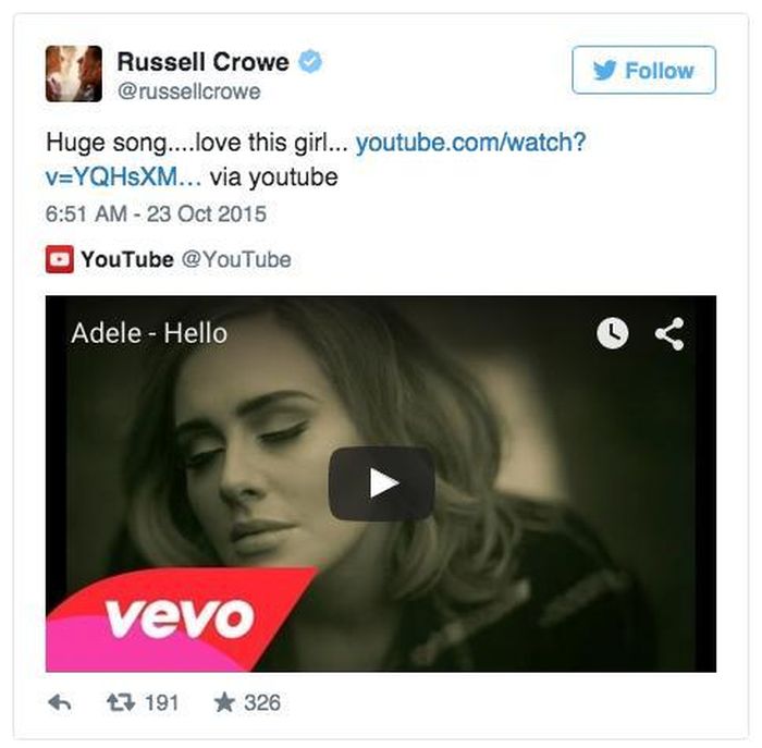 Tài tử Russell Crowe chia sẻ về ca khúc của Adele.