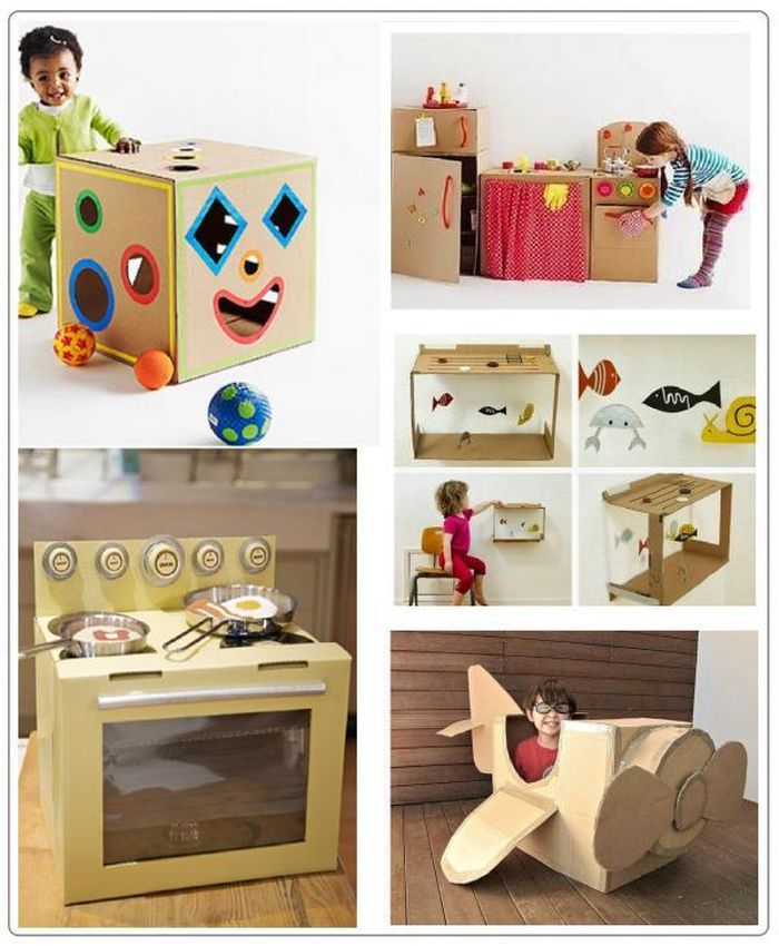 Cũng từ thùng bìa carton, giấy màu, keo dính... bạn có thể làm bếp nấu ăn, máy bay, bể cá, tủ đồ chơi cho bé.