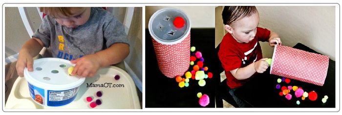 Bạn hãy đục hoặc cắt nhiều lỗ ở nắp một chiếc vỏ hộp nhựa, hộp giấy. để bé chơi trò nhét thả các quả bóng nhiều màu qua lỗ này.