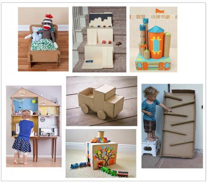 Tự chế các món đồ chơi như giường ngủ, gara ô tô bằng hộp bìa carton bỏ đi.