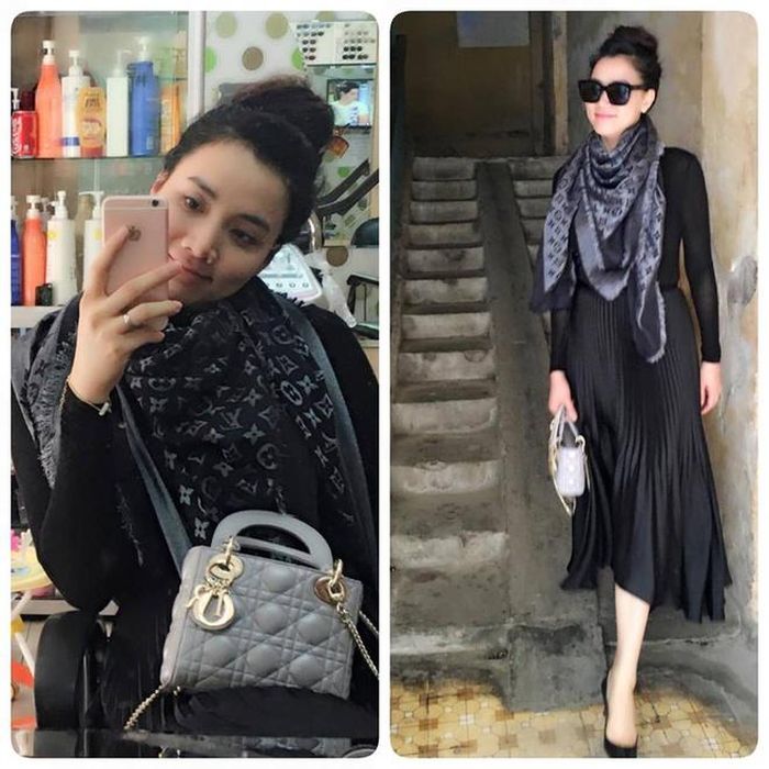 Trang Nhung bắt nhịp xu hướng với mốt trang phục tối màu, váy xếp ly hiện đại. Phụ kiện hàng hiệu đồng màu ăn nhập tổng thể. 