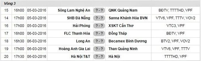 Lịch thi đấu và trực tiếp vòng 3 V.League
