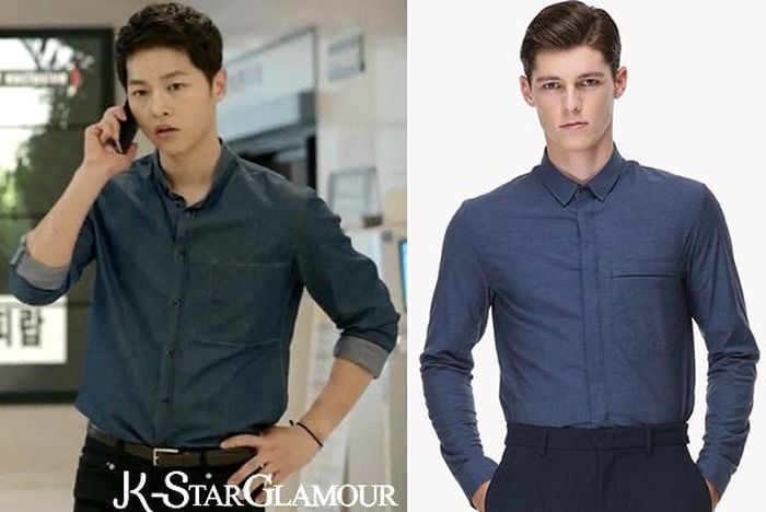 Song Joong Ki bảnh bao trong chiếc áo sơ mi màu xanh hiệu Time Homme, có giá 325.000 won (khoảng 6 triệu đồng).