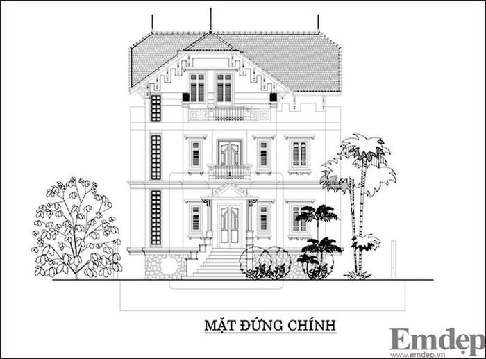 Mặt tiền ngôi nhà kết hợp cả nét kiến trúc hiện đại và truyền thống hài hòa, tinh tế.