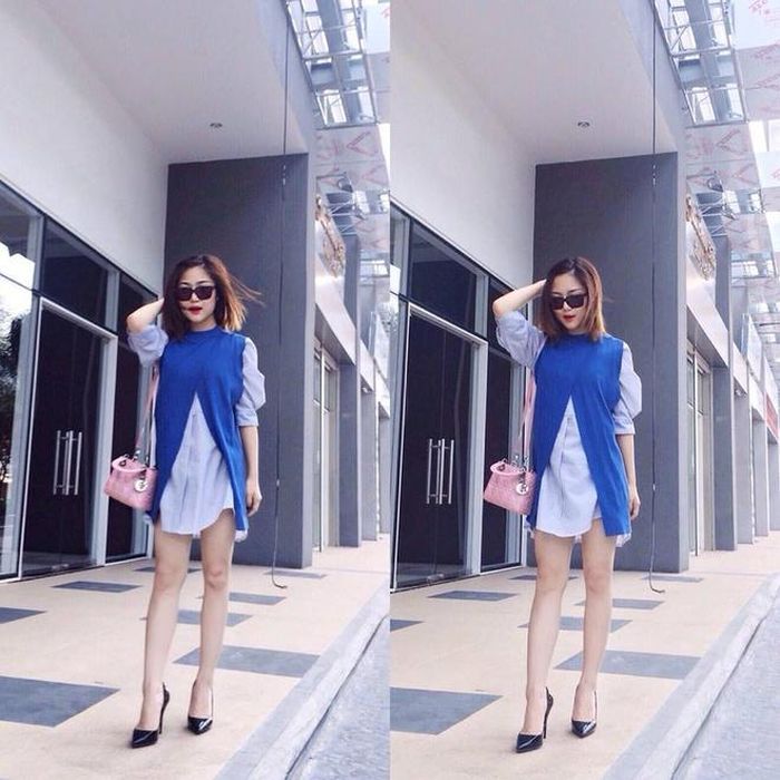 Hương Tràm kết hợp mốt layer trong cách mix 2 màu xanh lạ mắt.