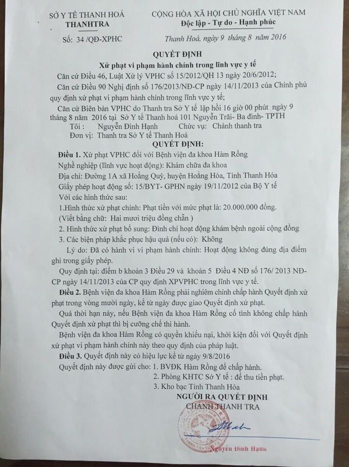 Quyết định xử phạt của Thanh tra Sở Y tế.