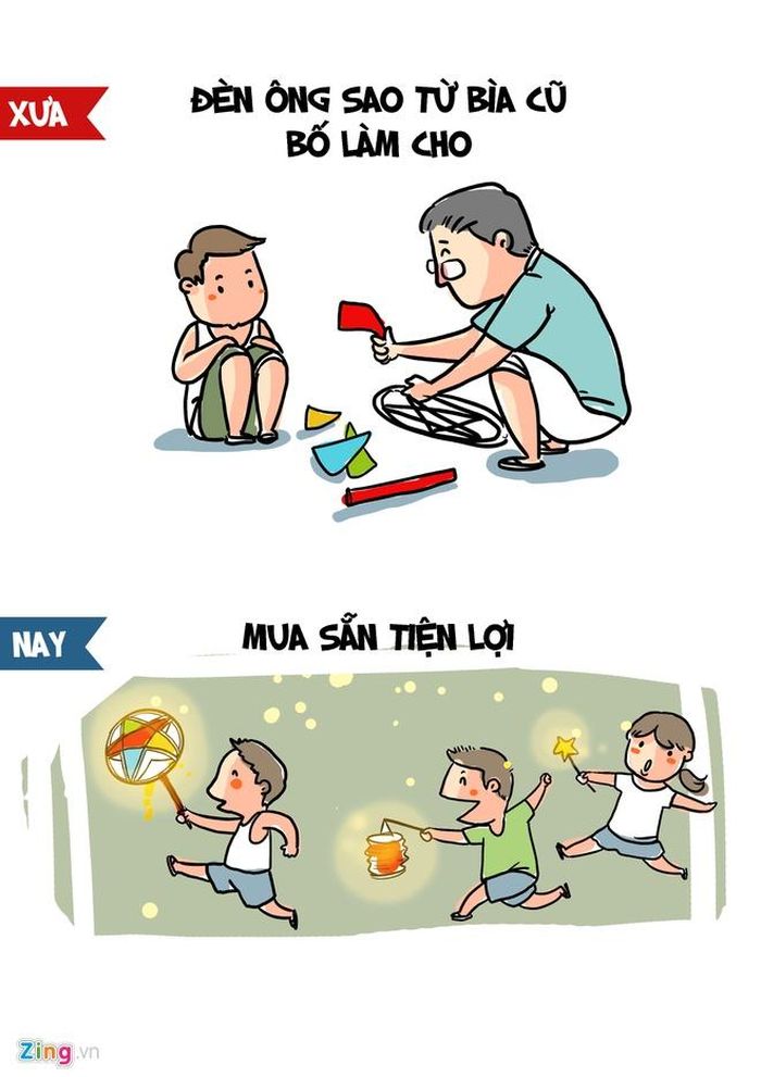 Trung thu xưa, chiếc đèn ông sao 5 cánh được chính tay bố vót tre, mẹ dán giấy bóng kính, hai anh em cẩn thận nâng niu giữ gìn chơi suốt tuần. Những chiếc đèn lồng, đèn cá chép, đèn kéo quân, đèn xếp, đèn quả bưởi bắt mắt và nhiều màu sắc, khiến ai cũng háo hức, ngóng chờ đến lúc được khoe với bạn bè. Ngày nay, chiếc đèn truyền thống được thay thế bằn sản phẩm bán sẵn sặc sỡ, có hình thù đa dạng.