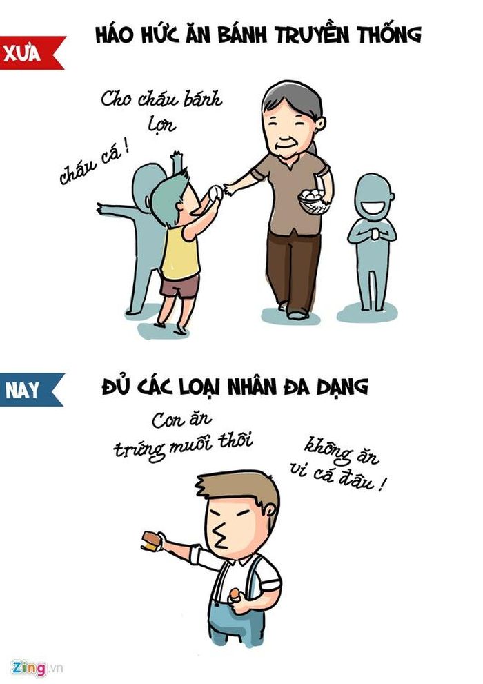 Bánh Trung thu xưa chỉ có nhân thập cẩm như đỗ xanh, thịt lợn, lá chanh, lạc, vừng... được làm thủ công, không nhờ tới máy móc sản xuất hiện đại. Ngày nay, bánh nướng, bánh dẻo đa dạng và lạ miệng hơn. Vỏ bánh có thể làm từ thạch, caramen, kem tươi. Nhân bánh sẽ có trứng muối, đậu xanh, trà xanh, chanh leo, chocolate.