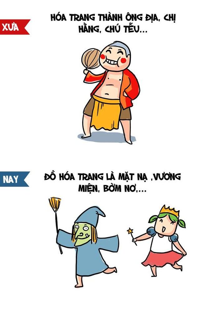 Trẻ con hồi xưa thích đóng vai chú Cuội, chị Hằng. Chỉ cần thấy những ông Địa, chú Tễu với mặt nạ truyền thống là tưởng tượng ngay ra ngày Tết Trung thu. Giờ dạo quanh phố Hàng Mã sẽ dễ dàng bắt gặp hình ảnh giới trẻ đeo mặt nạ phù thủy, hóa trang công chúa. Thậm chí, không ít người so sánh Trung thu ngày nay với lễ hội hóa trang Halloween.