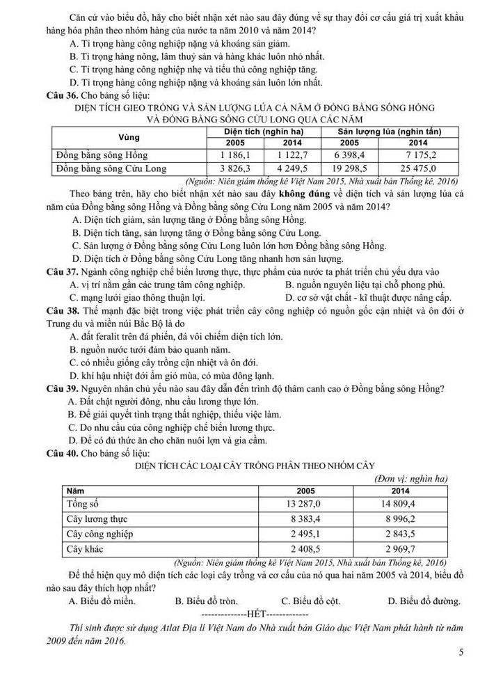 Đề minh họa môn Địa lí kỳ thi THPT quốc gia 2017