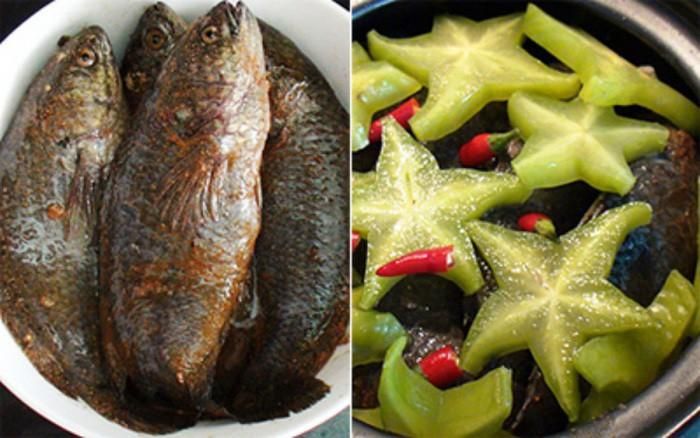 Cá rô đồng kho khế. Nguyên liệu của món kho khế này gồm cá rô, thịt ba chỉ, khế xanh, gừng, nước hàng, hành tím, ớt, tiêu, hạt nêm, mắm. Cá đem đánh vảy, bỏ mang và xát qua muối hạt để giảm bớt chất nhờn. Thái thịt thành những miếng mỏng, ướp với ít gia vị trong khoảng 15 phút. Ảnh: Monan.