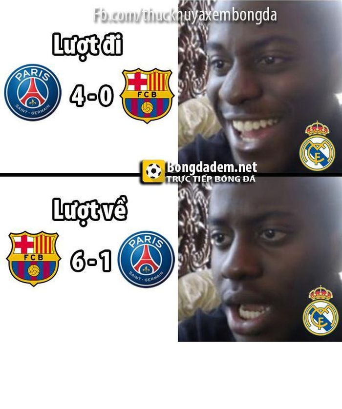 Fan Real Madrid tại vòng 1/16 cúp C1 châu Âu khi chứng kiến Barca thi đấu. Ảnh: Troll bóng đá/Thức khuya xem bóng đá.