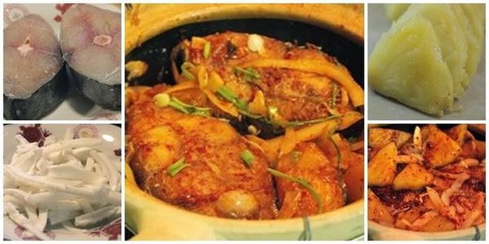 Cho cá vào nồi nhỏ rồi cho tiếp dứa, cùi dừa, hành khô thái lát, hai thìa canh nước mắm, ớt quả, ớt bột, một thìa canh đường vào nồi cá, đặt lên bếp đun sôi lửa lớn. Khi nồi cá sôi đổ vào một ít nước dừa tươi. Thỉnh thoảng lắc đều để hỗn hợp gia vị thấm vào cá. Tiếp tục đun lửa nhỏ, đun khoảng 30 - 40 phút, nêm nếm lại tùy theo khẩu vị của bạn, tắt bếp, rắc một ít hạt tiêu và hành lá lên bề mặt. Múc món ngon dễ làm ra đĩa dùng nóng với cơm. Ảnh: cakholangvudai.com.